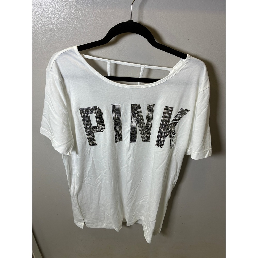 PINK Victoria's Secret White Short Sleeve Tee with Rhinestone Logo